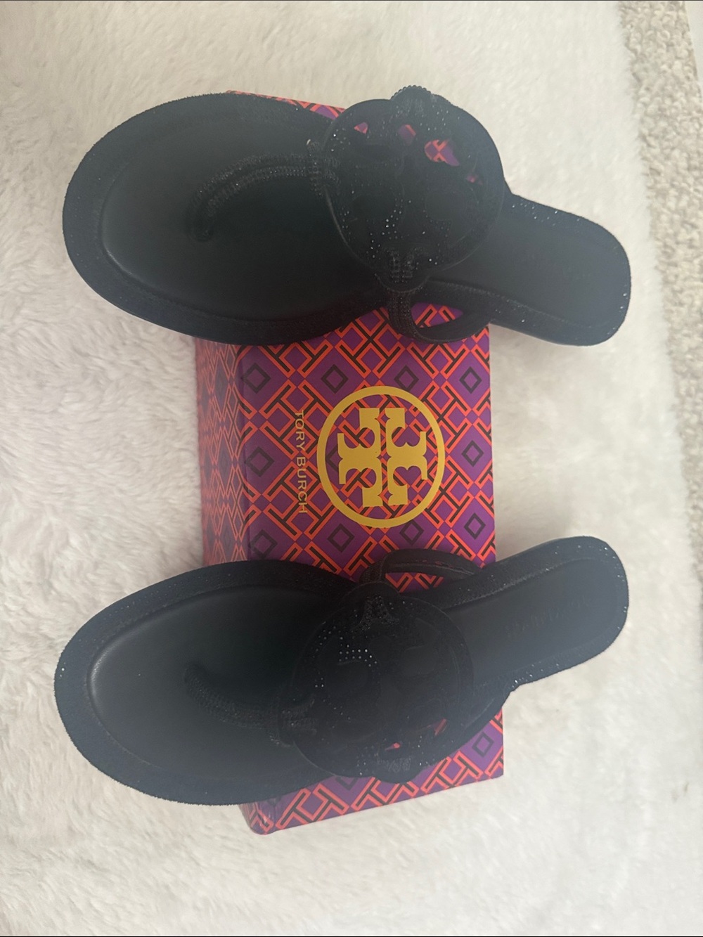 Tory Burch Black Logo Thong Sandals with Pink-Orange Pattern Box